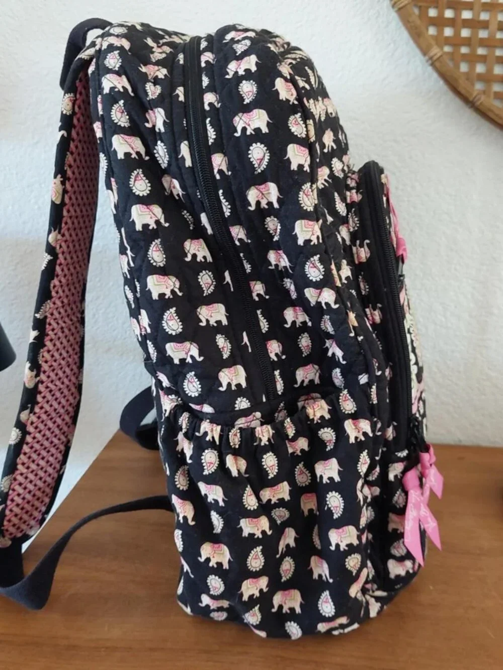 vera bradley backpack Pink & black backpack with white elephant and leaf pattern